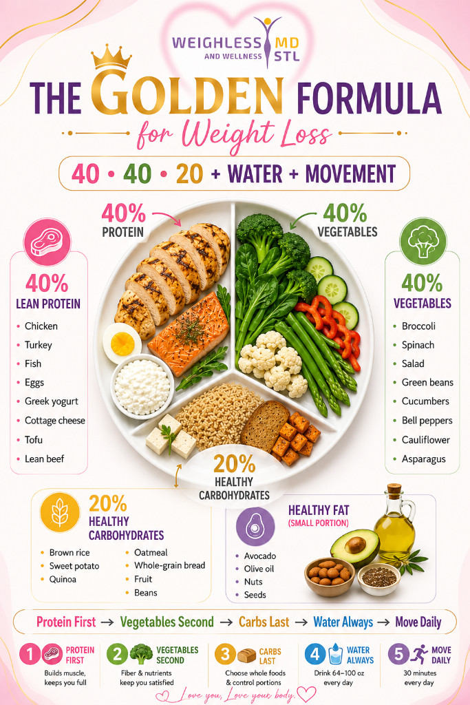 The Golden Formula for Weight Loss — 40% Protein, 40% Vegetables, 20% Carbs plus water and movement