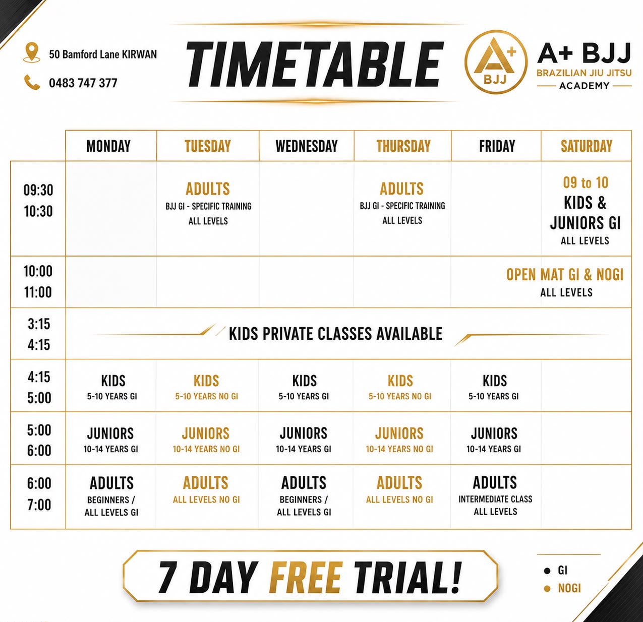 A+ Brazilian Jiu Jitsu Academy Class Timetable