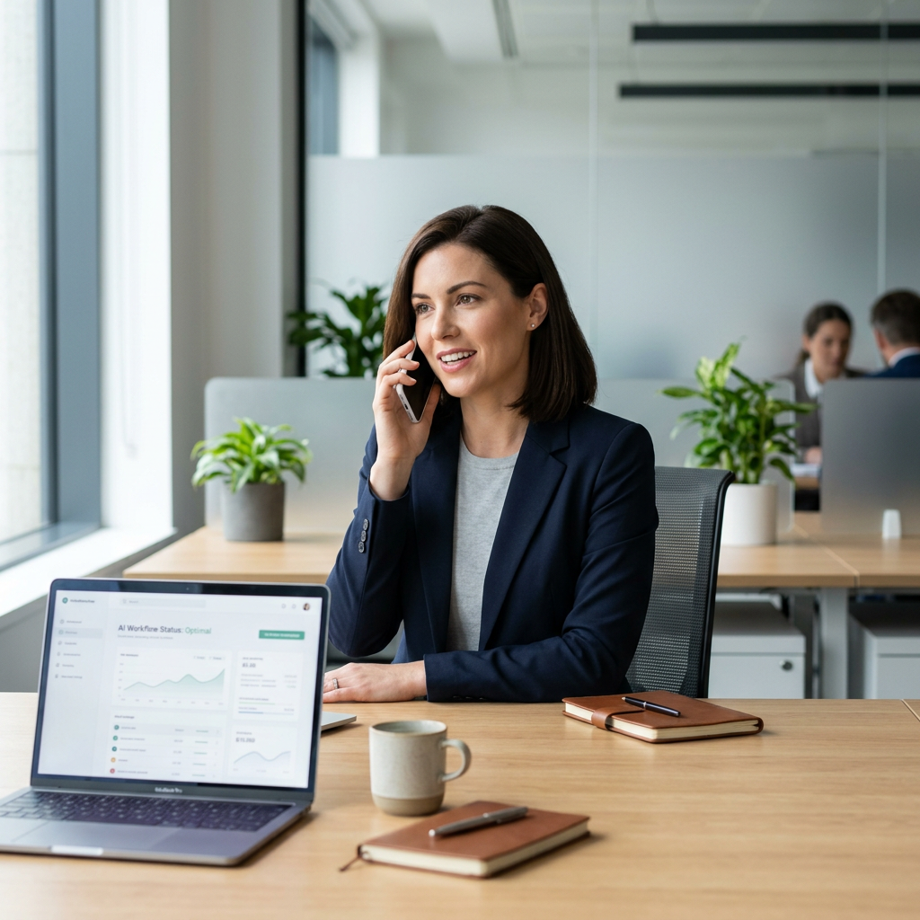 Professional individual with a positive expression, speaking on a phone, illustrating seamless and efficient customer communication powered by AI.