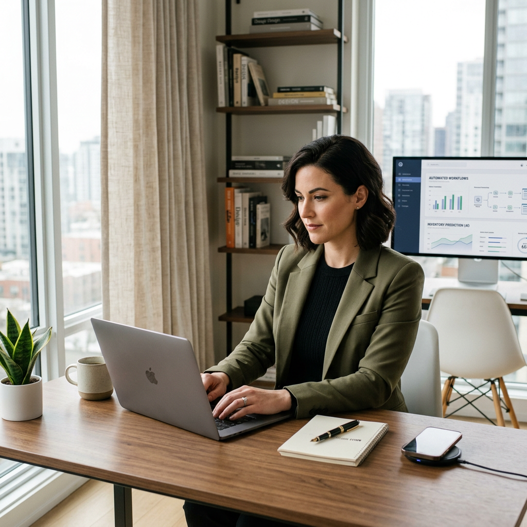 Mid-shot of a focused small business owner at their desk, surrounded by technology, representing efficient workflow management with AI automation.