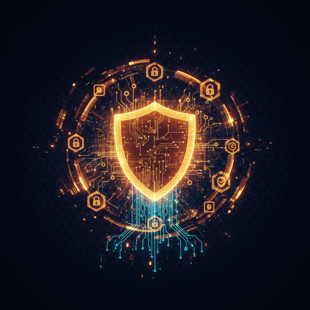 Abstract cybersecurity shield and data protection visualization