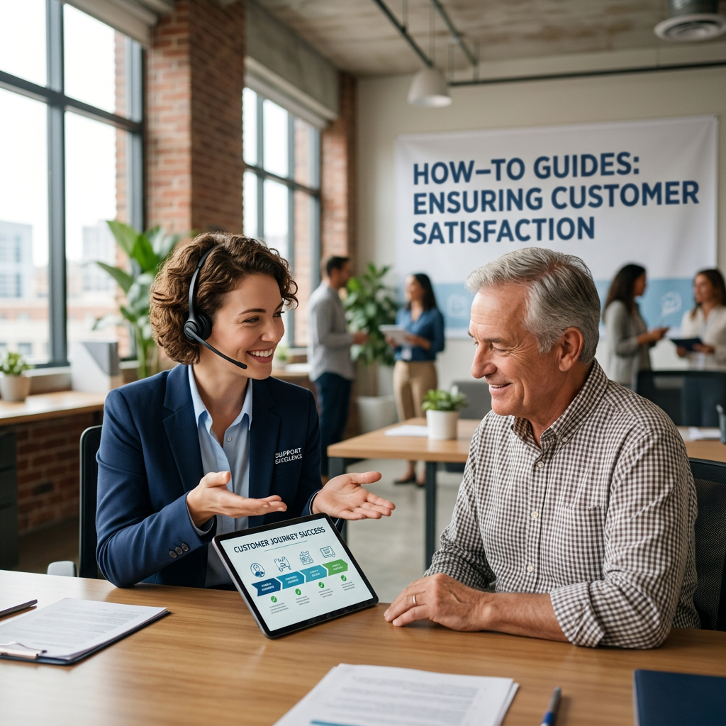 Smiling customer interacting with an AI-powered customer support system