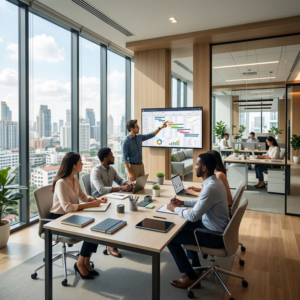Office productivity with organized desks and computer screens, illustrating efficient work environment post-automation.