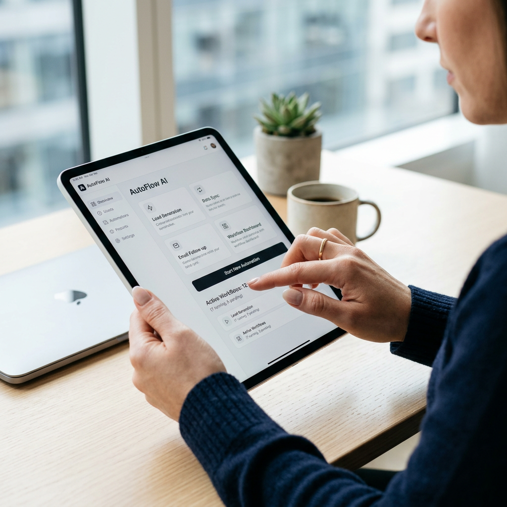 Close-up of a small business owner's hands interacting with a tablet, demonstrating the user-friendly interface of an AI automation tool.