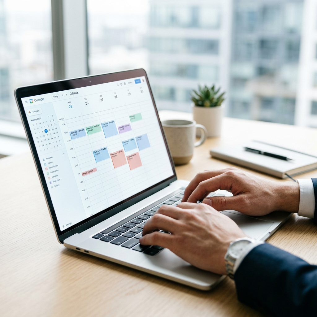 Close-up of hands interacting with a digital calendar on a laptop, demonstrating efficient AI-powered scheduling.