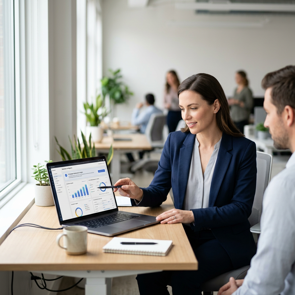 Mid-shot process scene of a small business team collaborating in a modern setting, with a subtle digital overlay suggesting AI integration.