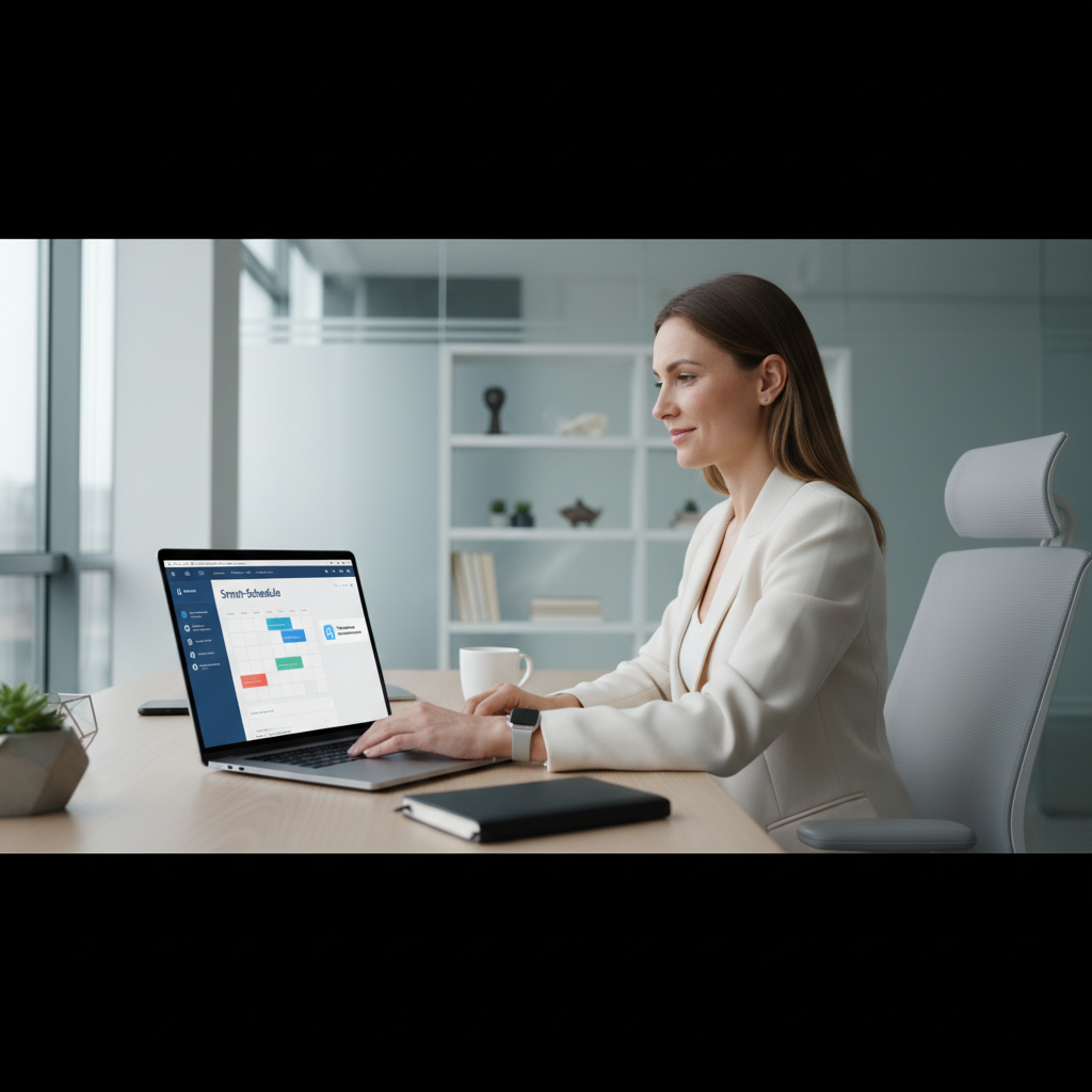 Professional business owner at an organized desk, leveraging AI-powered scheduling for enhanced productivity.