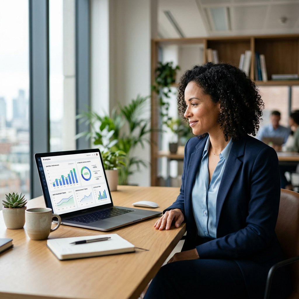 A confident small business owner reviewing an AI analytics dashboard on a computer, demonstrating thoughtful decision-making in a modern office.