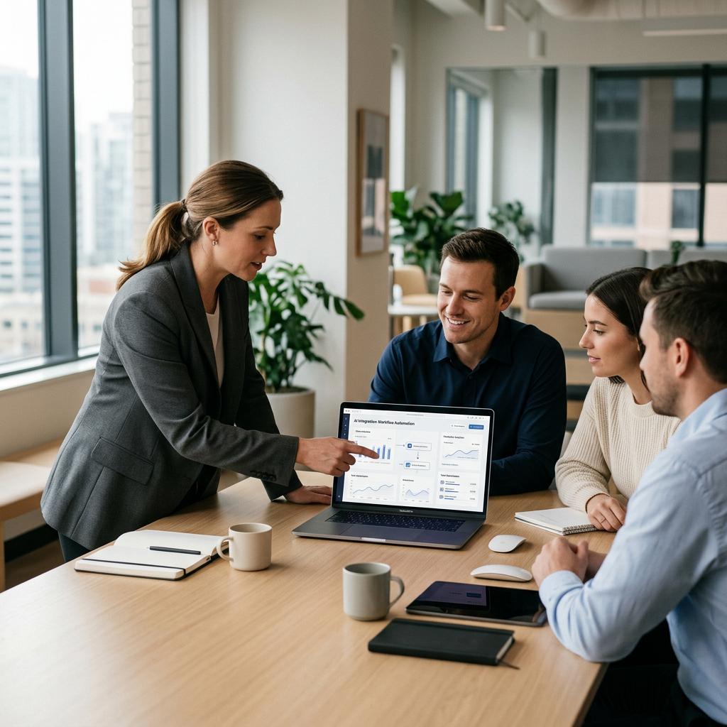A small business team collaborating, with one person showcasing an AI-powered workflow on a laptop to illustrate seamless technology integration.