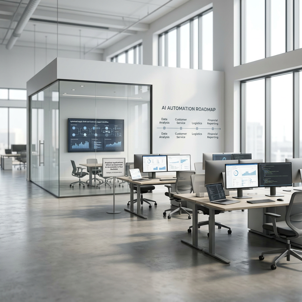 Professional small business owner with a confident expression, standing in a well-organized office, looking at a screen.