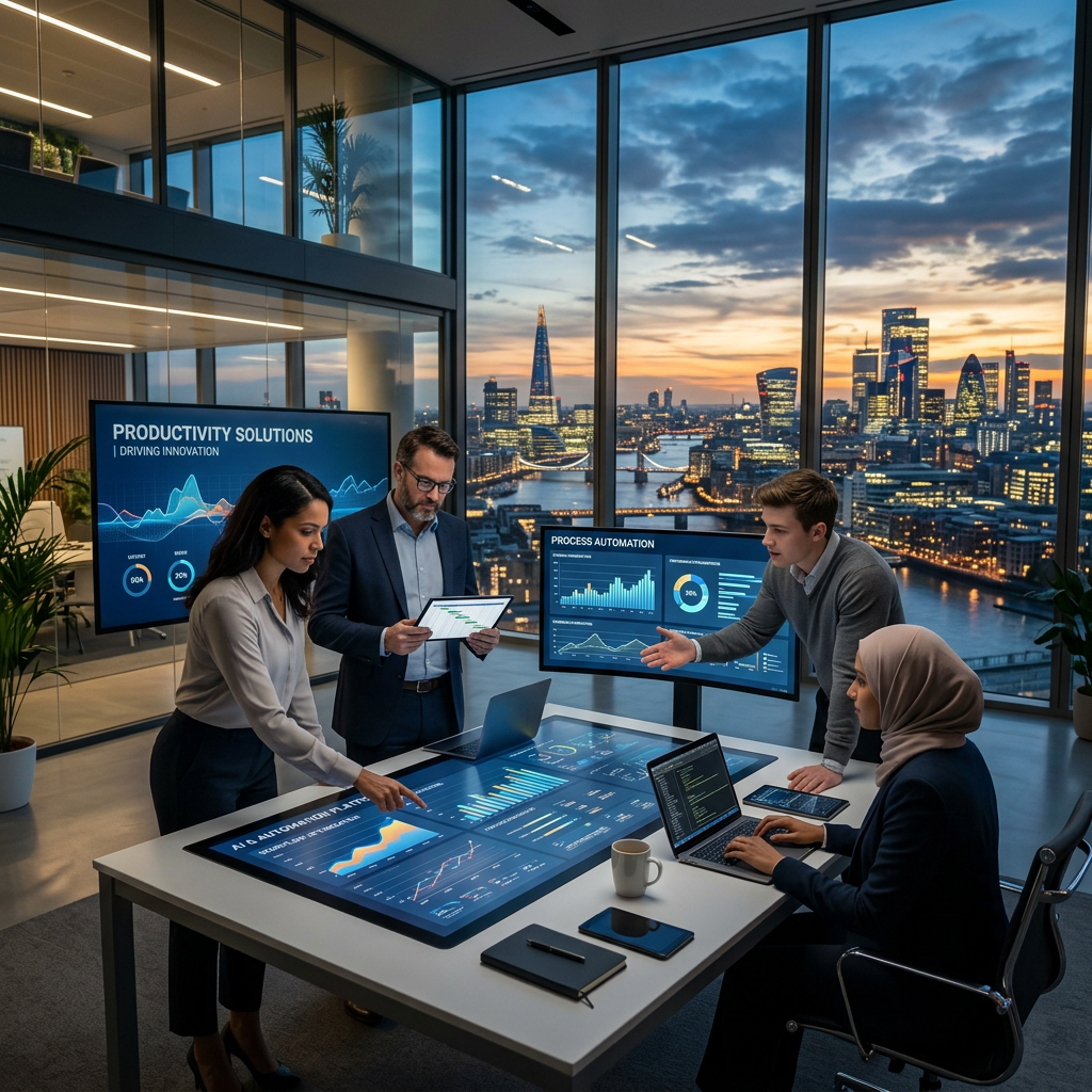 Digital interface showing AI productivity solutions for business