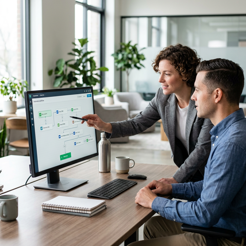 Small business team collaborating in a modern office, using technology for automated workflow processes to enhance efficiency.