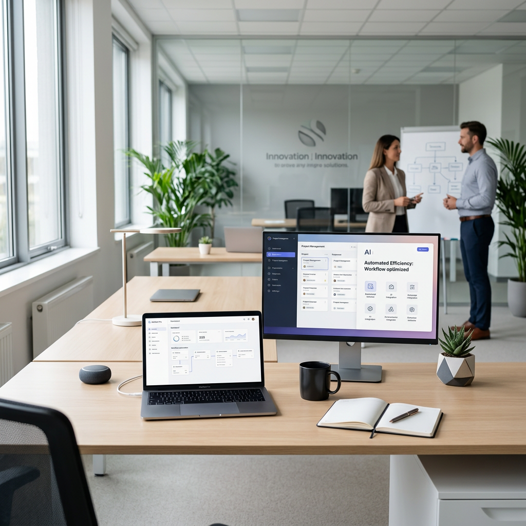 Modern, clean, and organized office workspace with subtle AI integration elements, symbolizing efficiency and automation.