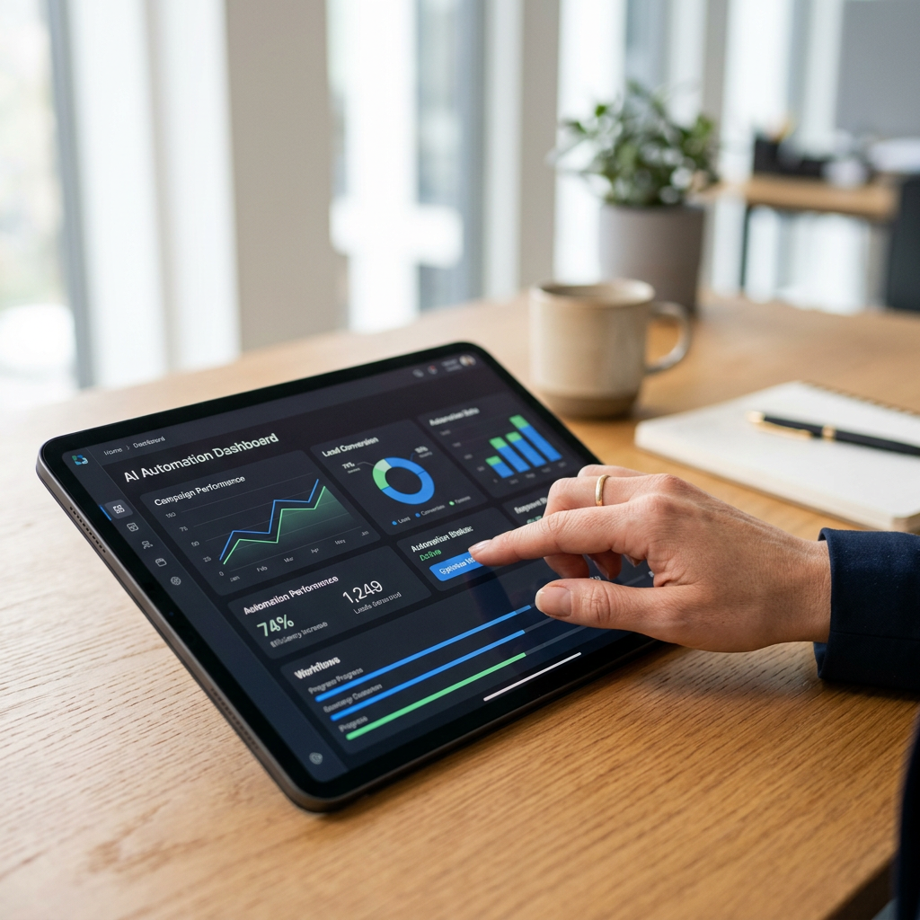 Close-up of a hand interacting with a tablet displaying an AI automation dashboard, representing streamlined business operations.