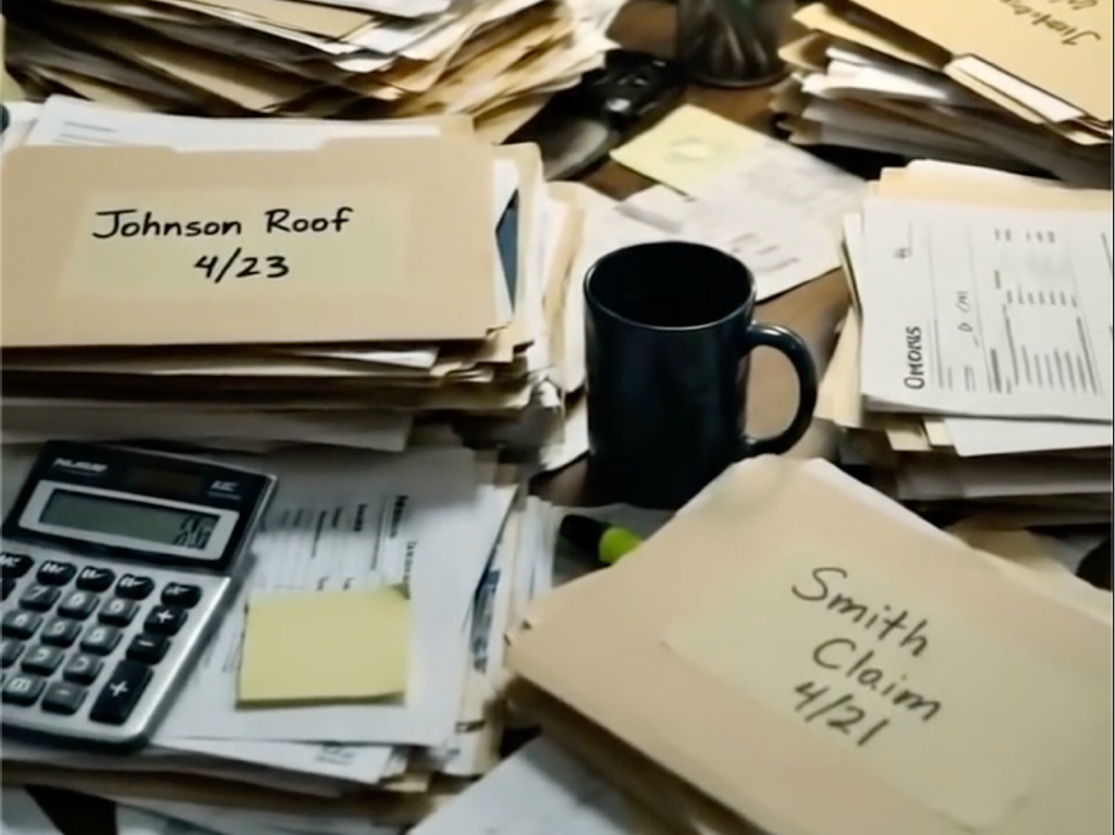 A cluttered contractor's desk stacked with paper files — the chaos Scope² replaces