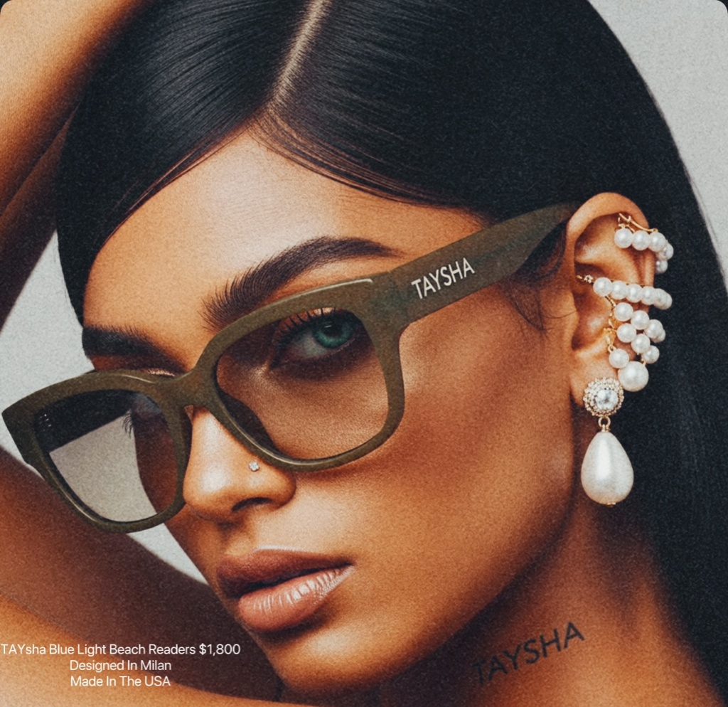 TAYsha AI Blue Light Beach Readers · TAYsearch x TAYsha · Designed in Milan · Made in the USA