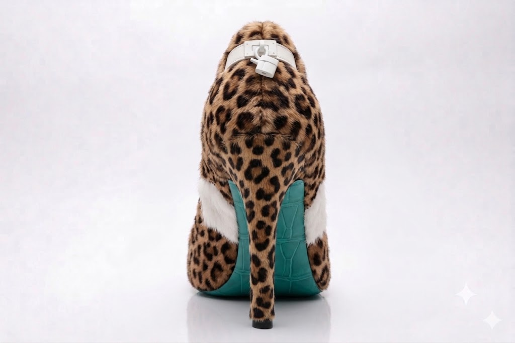 TAY Rena yIP Leopard Print Mink Power Pumps · Green Croc Gator Sole · White Leather Lock Strap · Hand-Crafted · Luxury Footwear