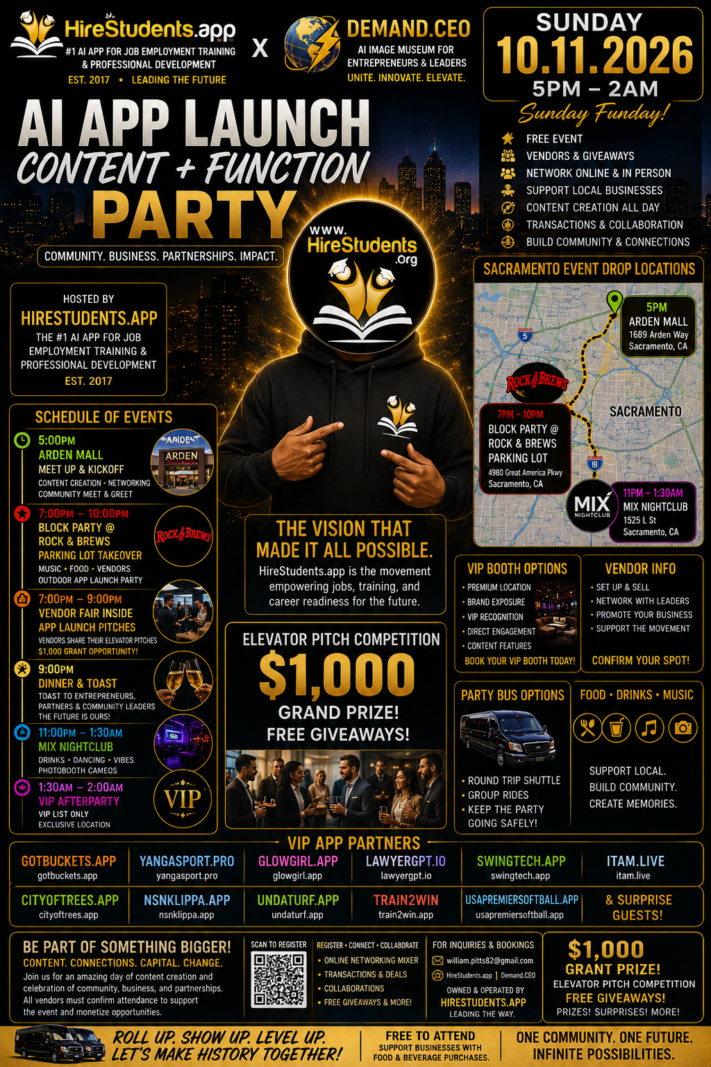 HireStudents App Launch Party Flyer — Sunday 10.11.2026