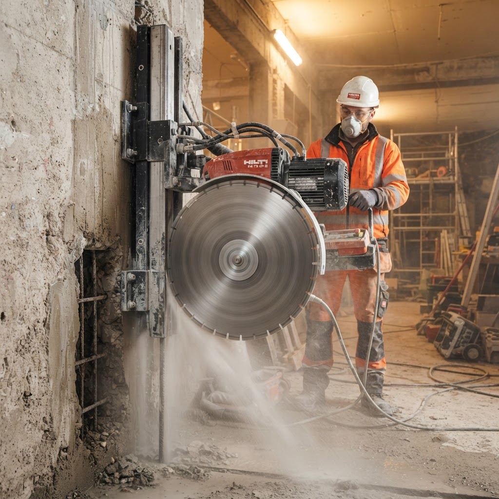 Sciage sur rail diamant — découpe de précision dans un mur béton armé