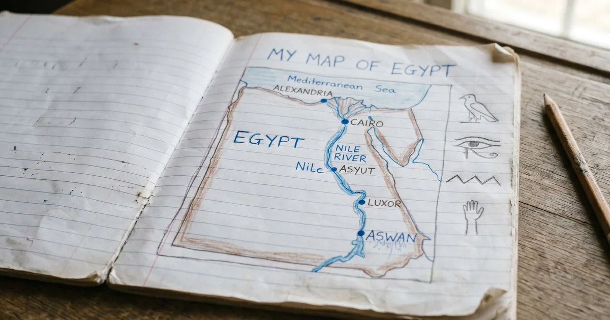 A child's open notebook with a hand-drawn Nile map and hieroglyph practice.