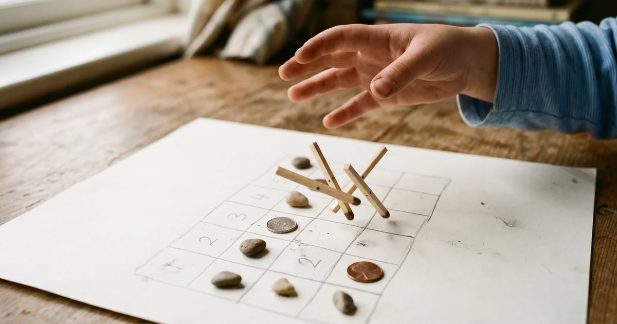 A child's hand throwing four marked sticks onto a hand-drawn Senet board.