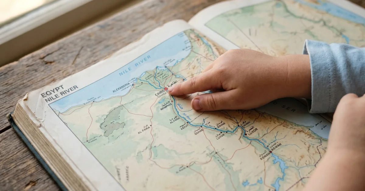 A child's hand tracing the path of the Nile River across an open atlas of Egypt.