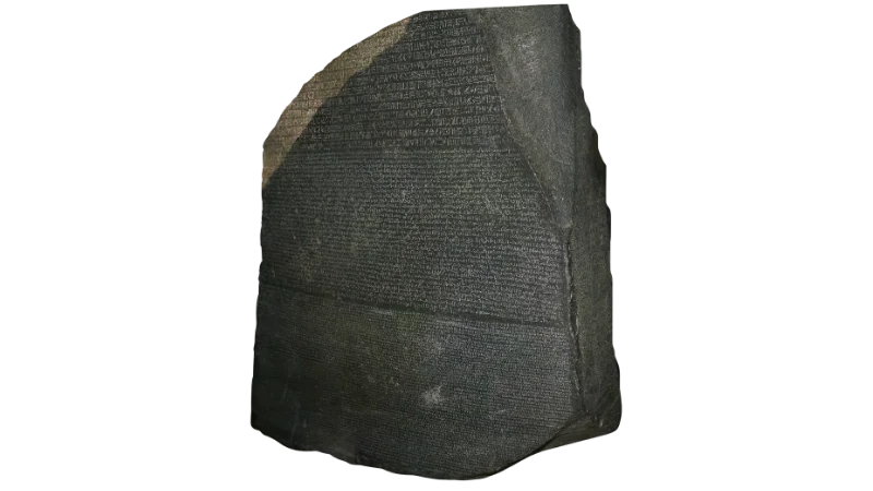 The Rosetta Stone, a dark granite slab densely carved with three scripts.