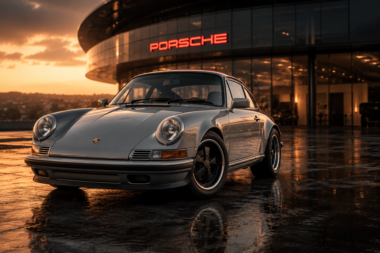 A Porsche 356, an early Porsche 911 and a modern Porsche 911 on a sweeping alpine road at dawn.