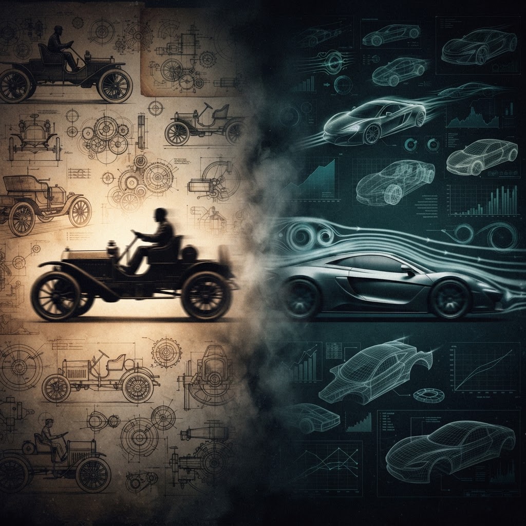 A split composition contrasting early motoring with modern engineering