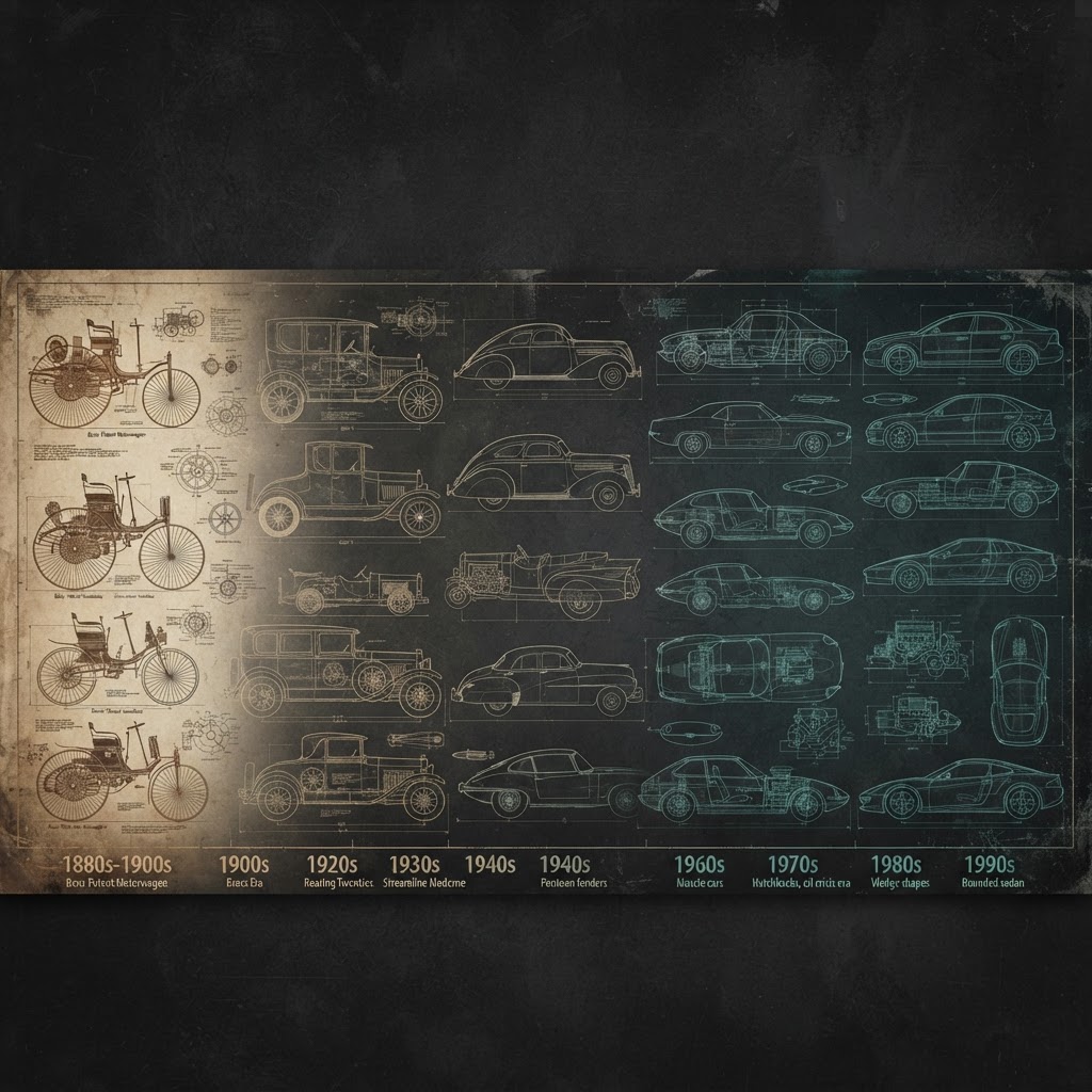 A chronological progression of automobile silhouettes from different eras