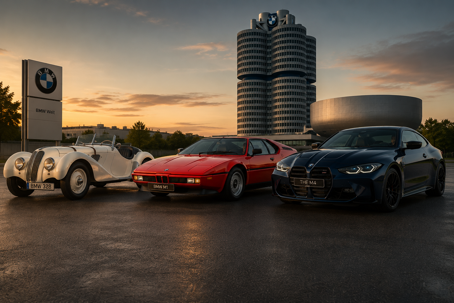 A classic BMW 328 roadster, a BMW M1 and a modern BMW M4 displayed in front of BMW headquarters in Munich at sunset.