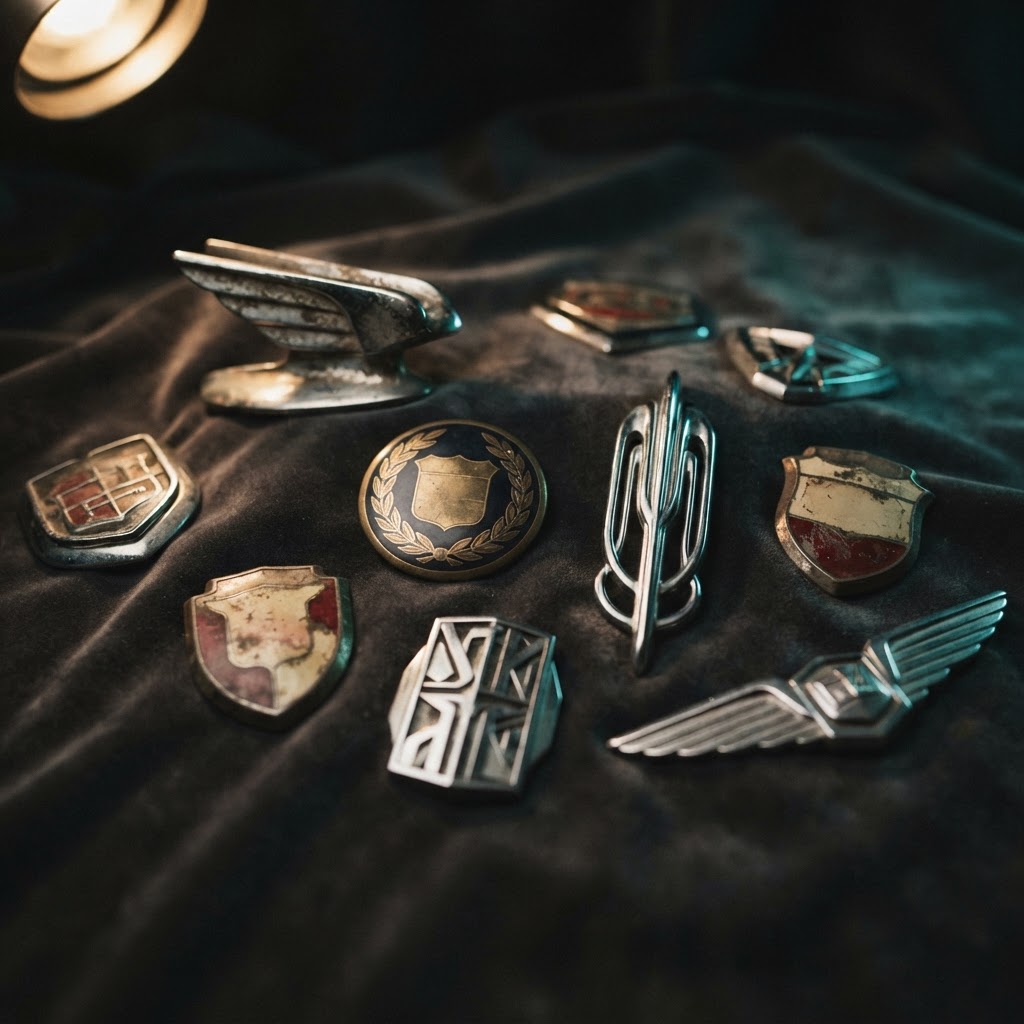 A refined still-life of classic automotive badges and chrome details
