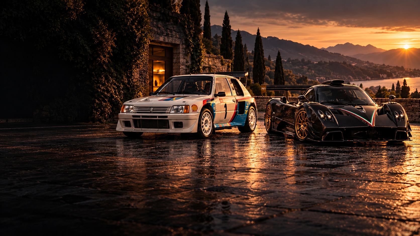 Peugeot 205 T16 and Pagani Zonda at golden hour