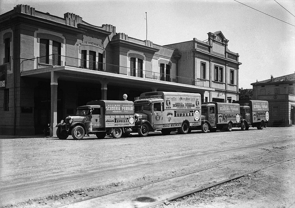 Scuderia Ferrari team transporters in Modena during the 1930s.
