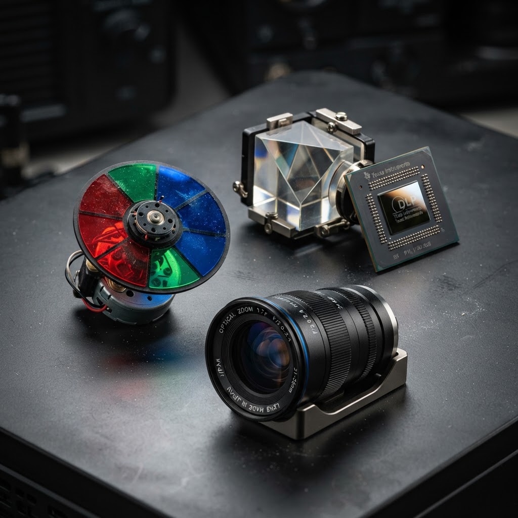 Peças internas: disco colorwheel, chip DMD, prisma e lentes