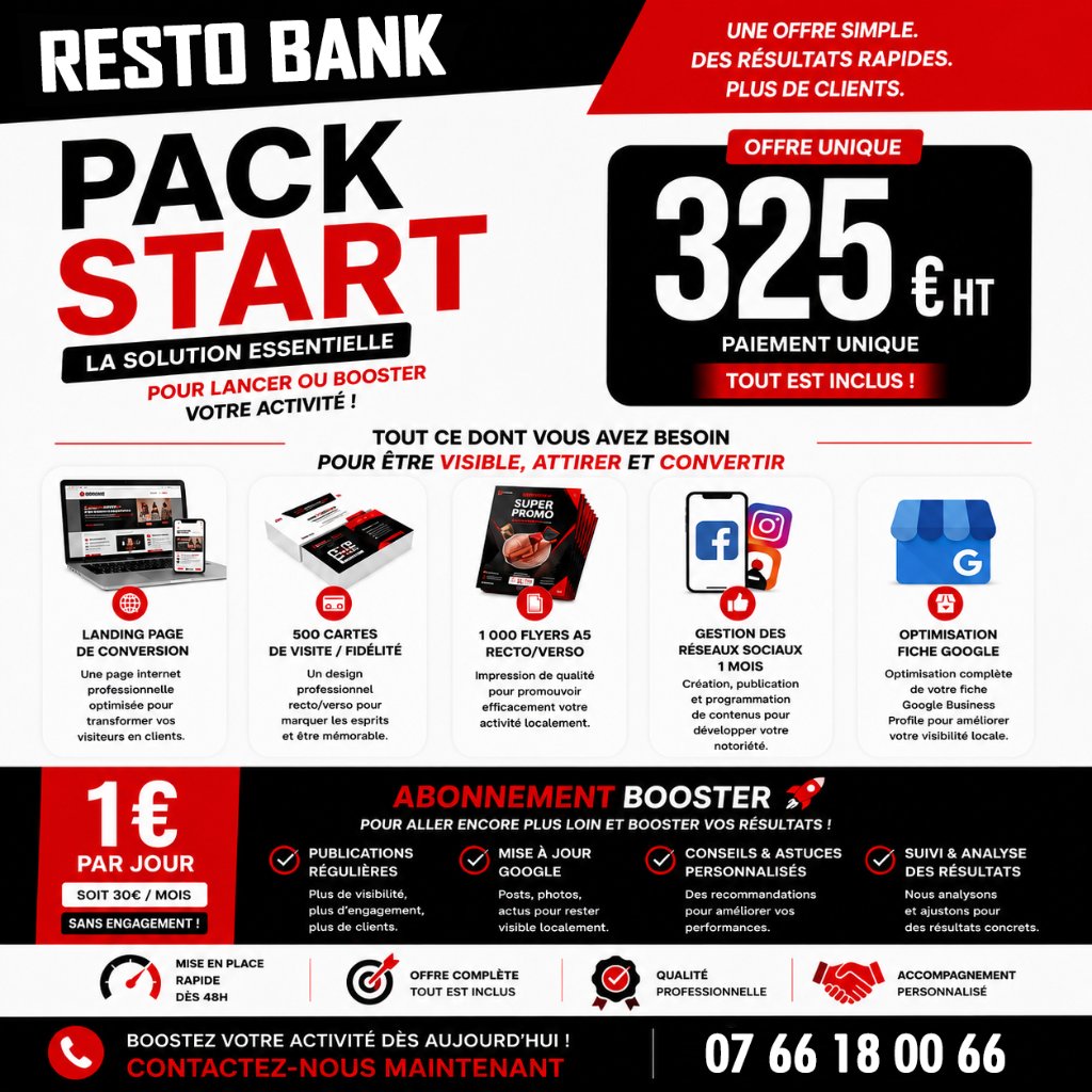 Pack Start Resto BANK — présence digitale et supports commerciaux pour restaurant