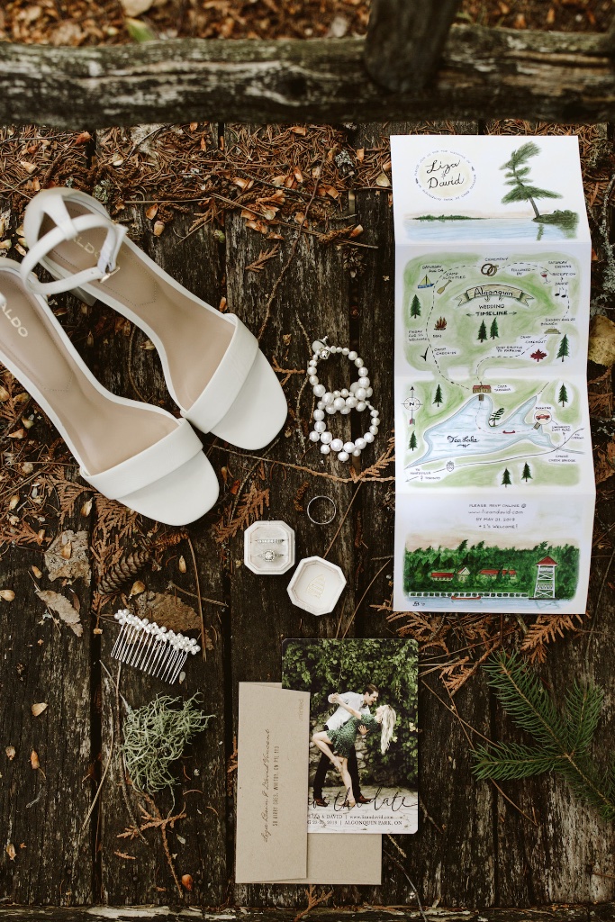 Bridal details with Algonquin wedding map