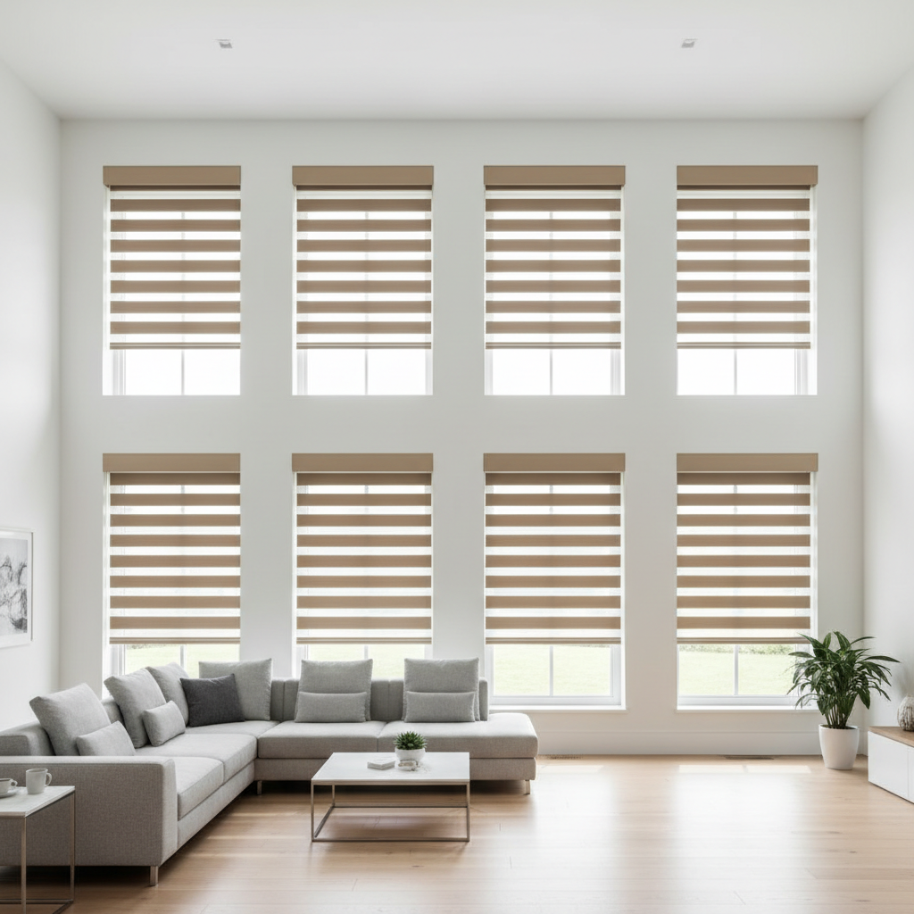 Modern living room with zebra blinds