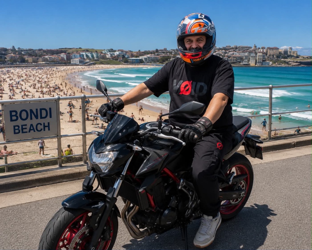 dubcutz riding at Bondi Beach in VØID tee