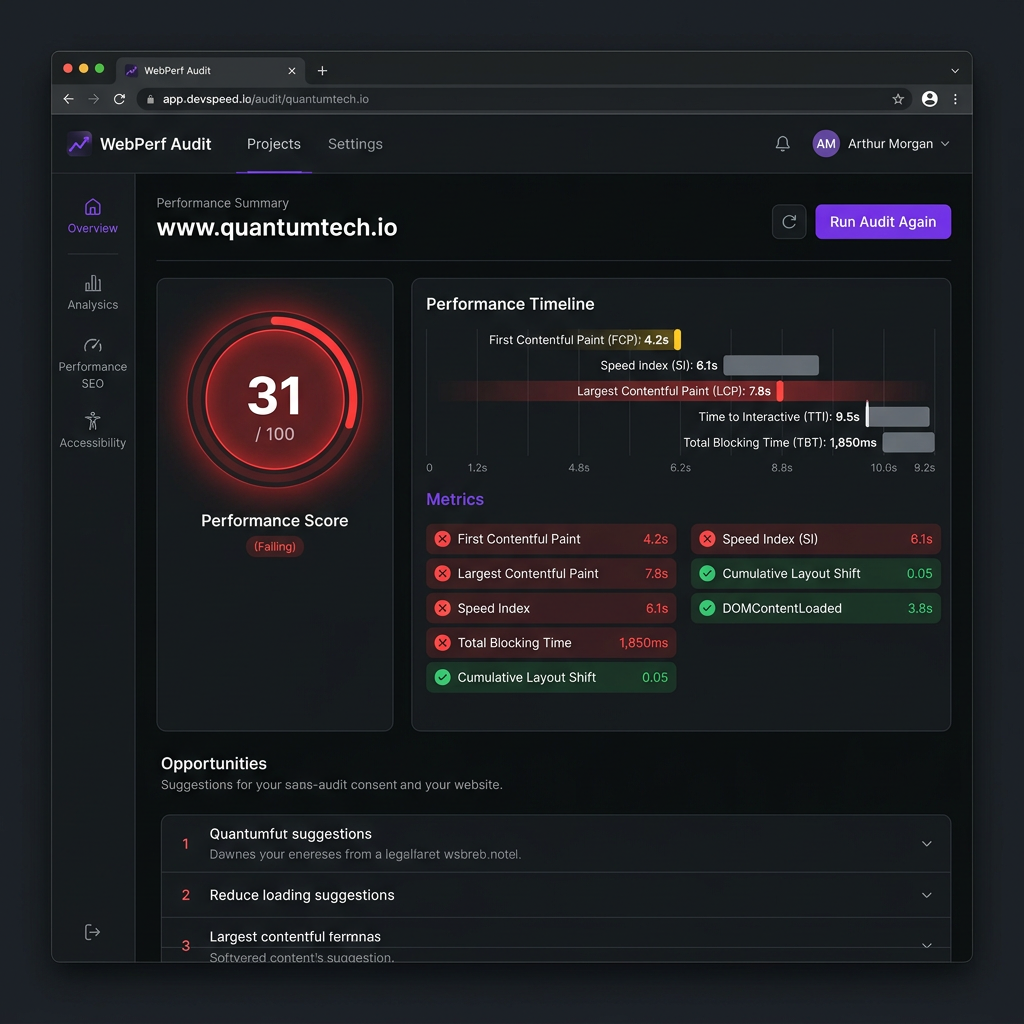 Velrix speed audit showing 31/100 score with failing Core Web Vitals