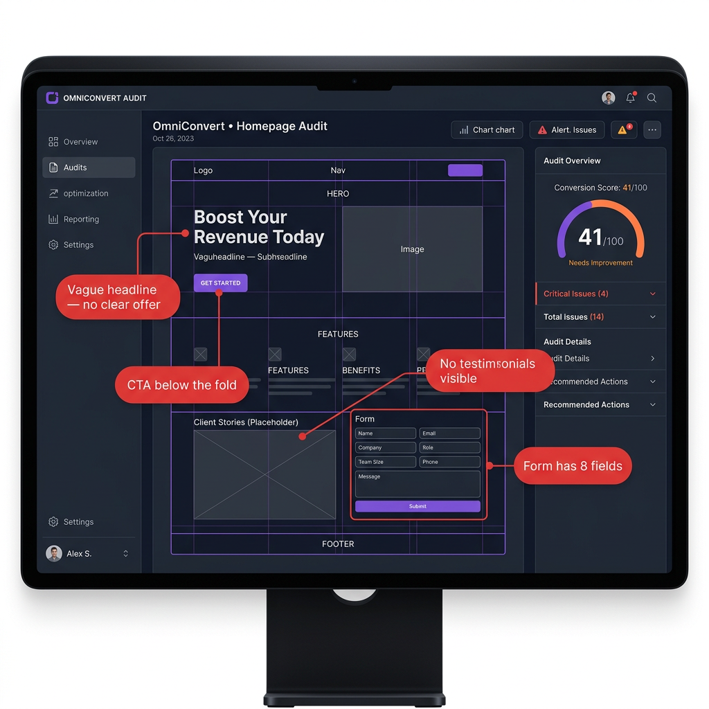 Velrix audit showing low conversion score with annotated issues