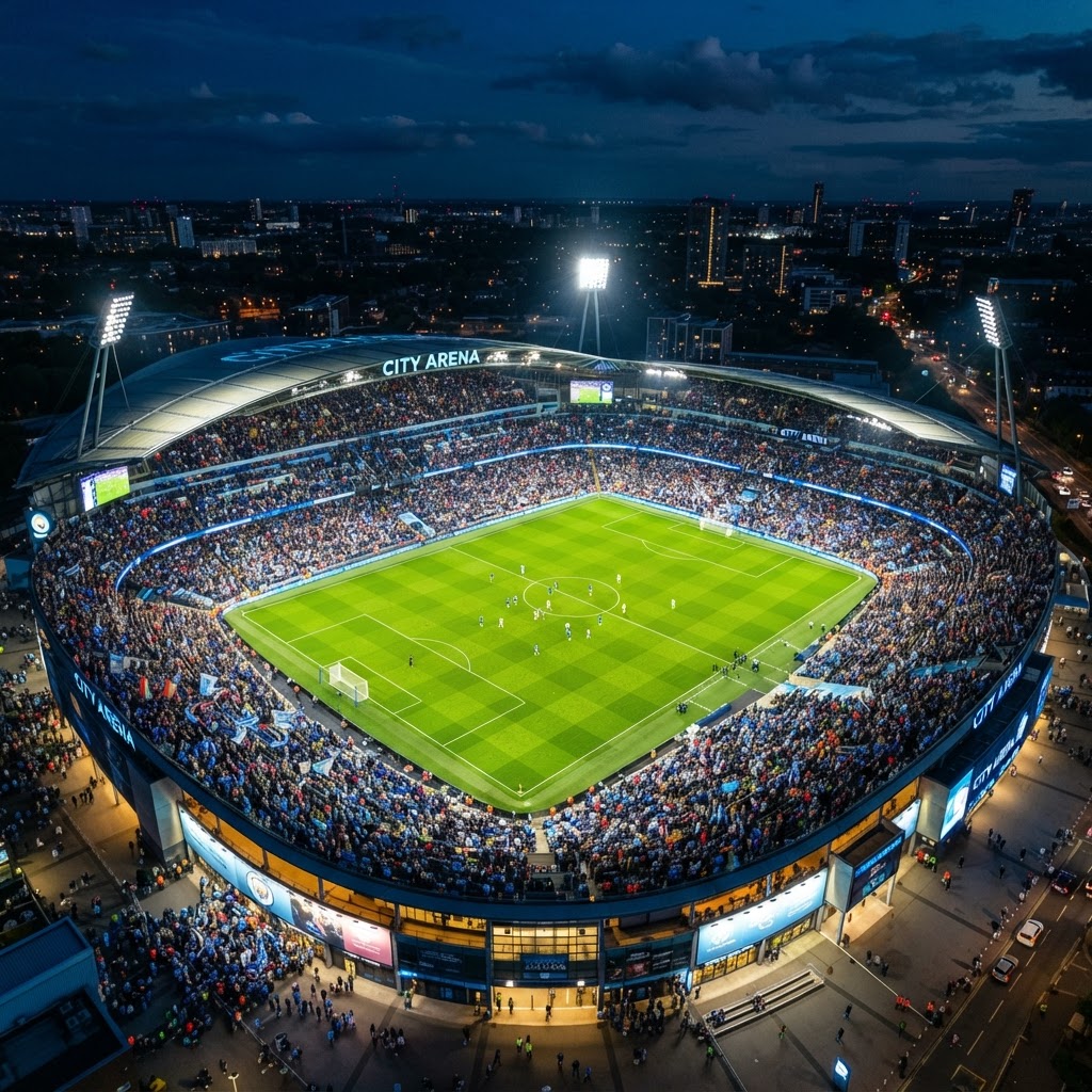 Football stadium under floodlights