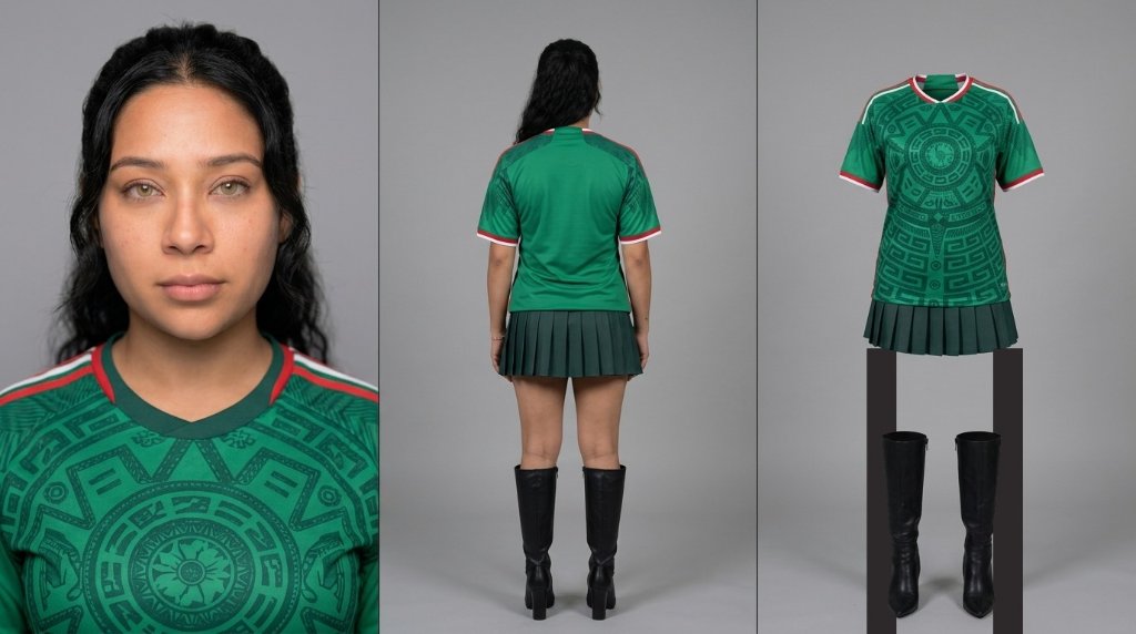 Three-panel character reference sheet for the Gabby Mexico AI influencer