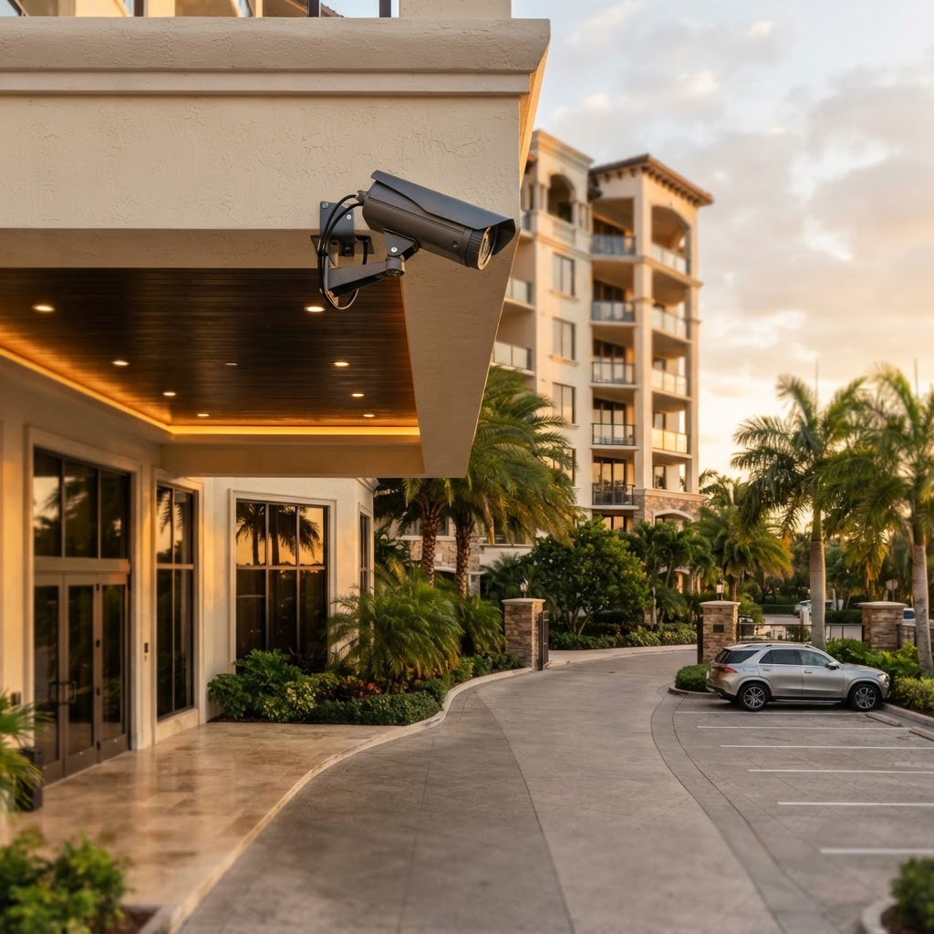 Bullet security camera mounted under the soffit of a South Florida condominium building entrance covering the driveway and visitor parking area in Miami-Dade County