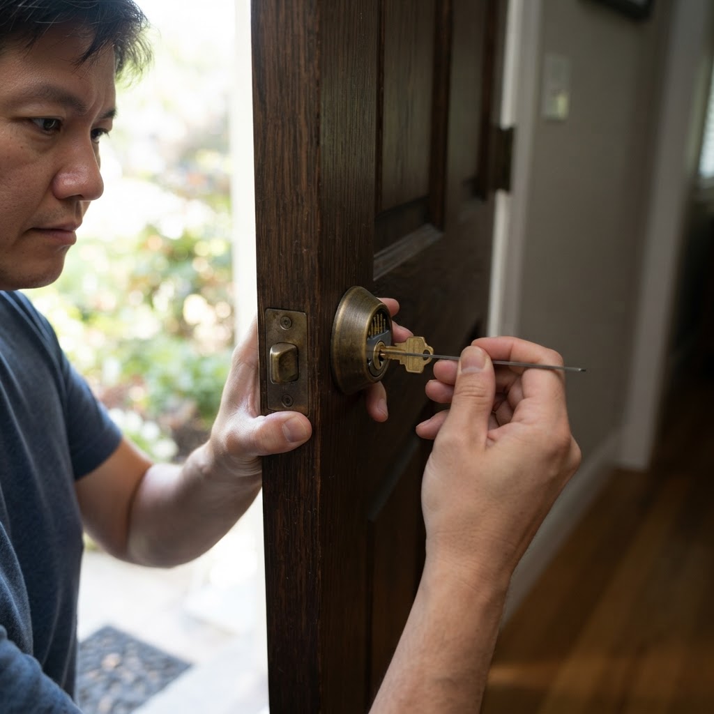 Homeowner rekeying a Kwikset SmartKey deadbolt in place on a residential front door in South Florida