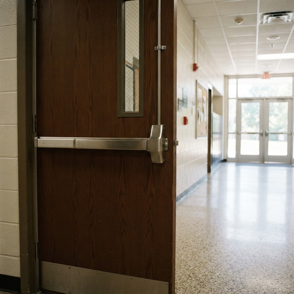 Stainless steel panic bar exit device on a commercial exit door in a Miami-Dade County institutional hallway