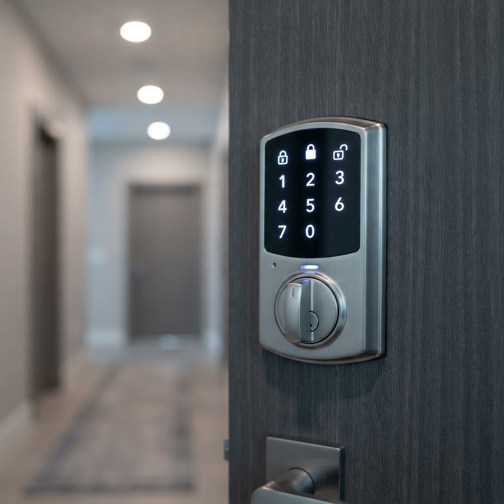 Kwikset Halo electronic touchscreen deadbolt on a condo entry door in Miami, Florida