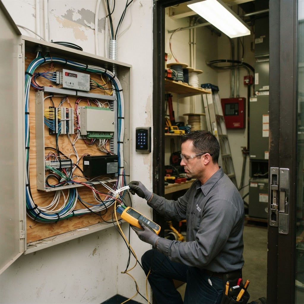 Access control head-end panel with power supply, keypad and electric strike being wired and labeled in a South Florida utility closet