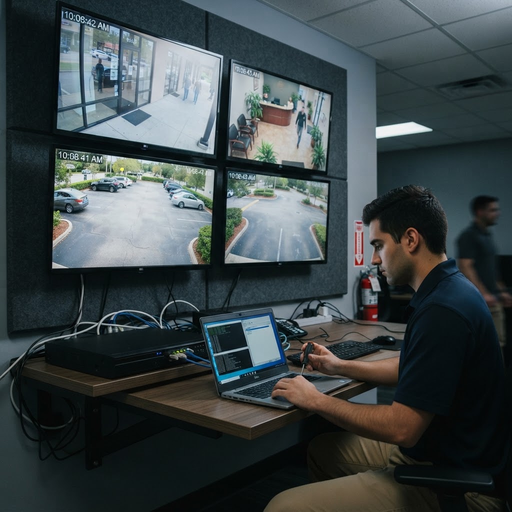 Security monitor wall showing live storefront, reception and parking lot camera feeds at a South Florida business with an NVR recorder below