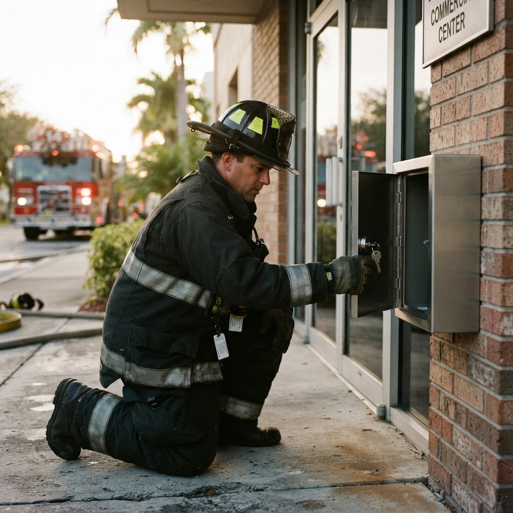 Firefighter opening a Knox Box rapid entry key vault at a commercial building in South Florida